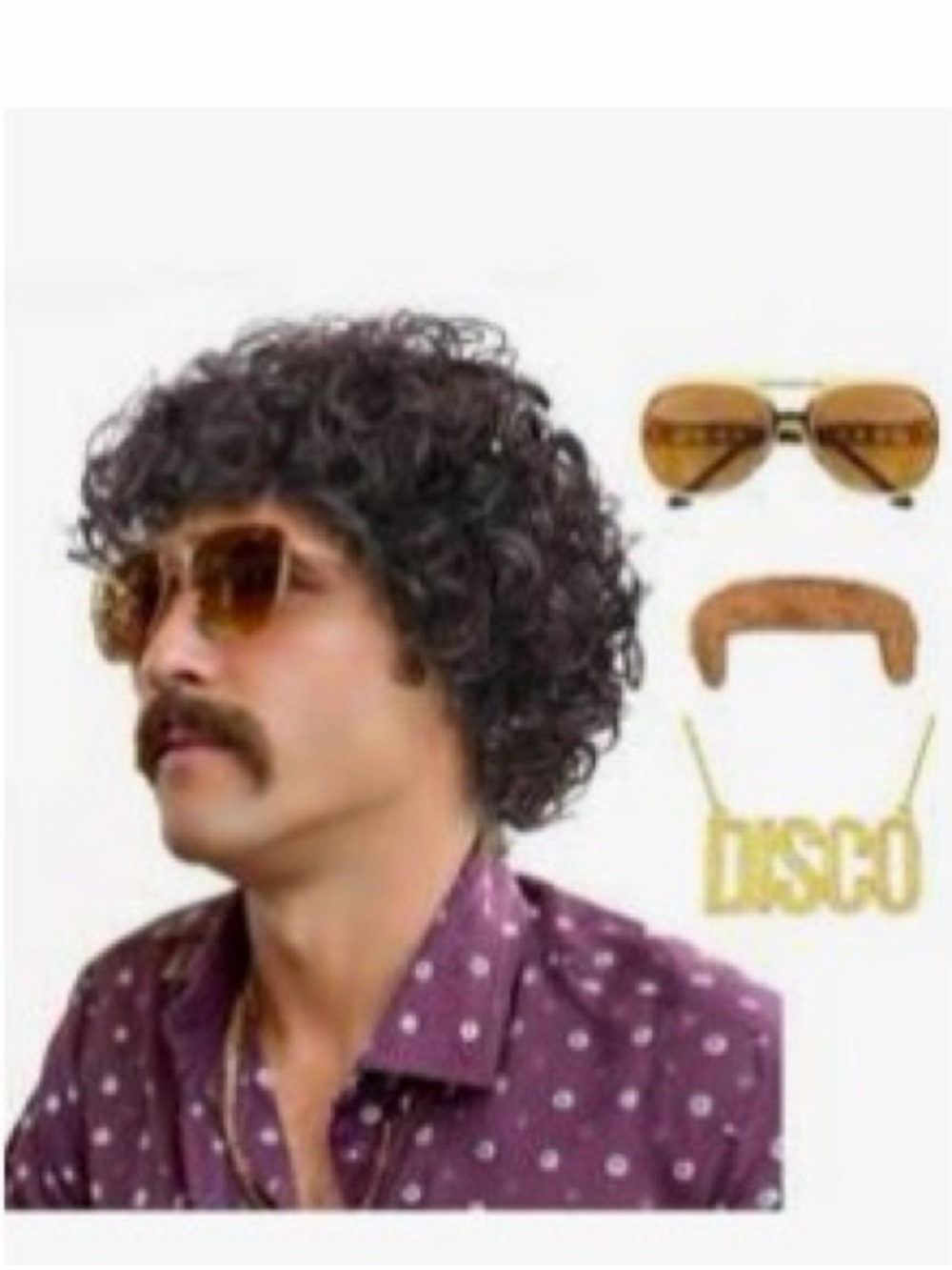 Retro 70s Disco Costume Set - Brown Wig, Mustache, Sunglasses, 'DISCO' Necklace